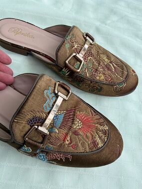 Paprika Dark Olive Embroidered Satin Slip-On Mules with Metallic Gold Buckles